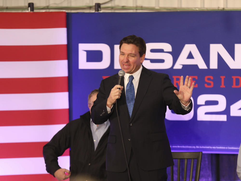 Republican presidential candidate Florida Gov. Ron DeSantis speaks at a rally on Tuesday in Greenville, S.C. DeSantis stopped in South Carolina first, after his second place finish in the Iowa caucuses, before heading on to New Hampshire.