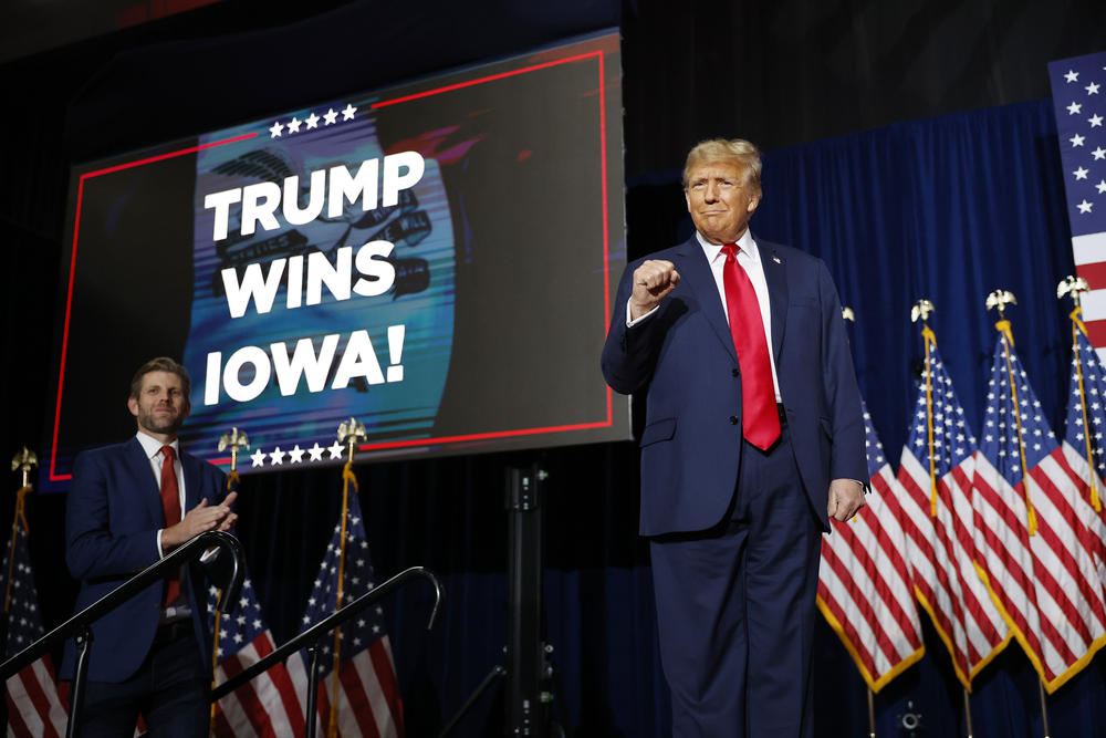 Former President Donald Trump speaks at his caucus night event at the Iowa Events Center on January 15, 2024 in Des Moines, Iowa.