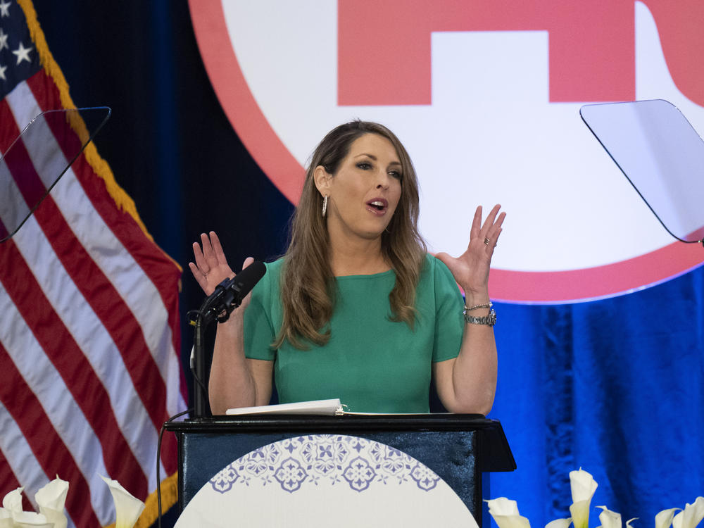 Republican National Committee Chairwoman Ronna McDaniel gives a speech in 2023. The RNC is urging Republican voters to embrace early voting, even as conservative leaders continue to rail against the practice.