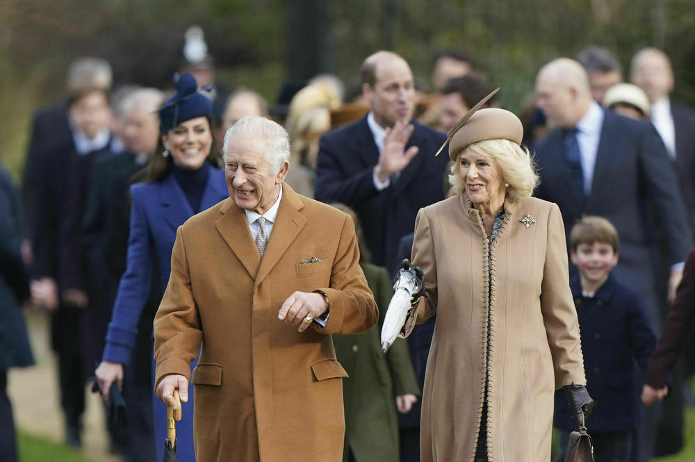 Britain's King Charles III, Queen Camilla, Kate, the Princess of Wales, Princess Charlotte, William, the Prince of Wales, Prince George, Prince Louis arrive to attend the Christmas day service at St Mary Magdalene Church in Sandringham in Norfolk, England, on Dec. 25.