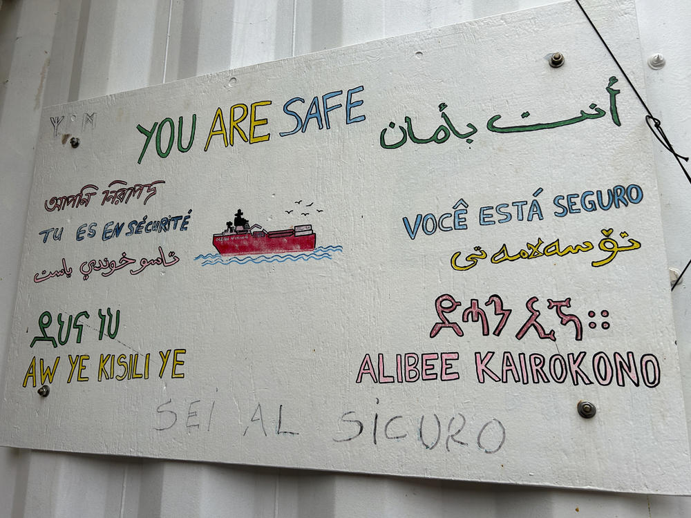 A handmade note is seen on board the Sos Mediterranee-run charity rescue ship, Ocean Viking, moored in Bari, southern Italy, on Jan. 8, 2024.