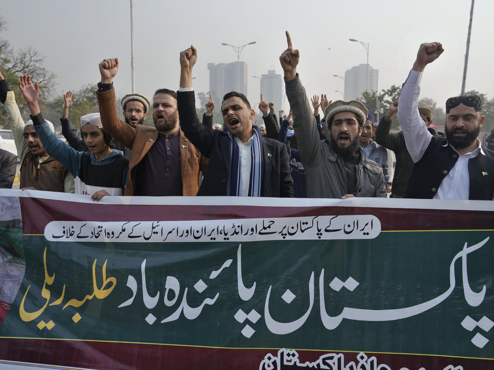 Demonstrators in Islamabad, Pakistan, chant slogans on Thursday to condemn Iran's attacks in Pakistan's border area with Iran.