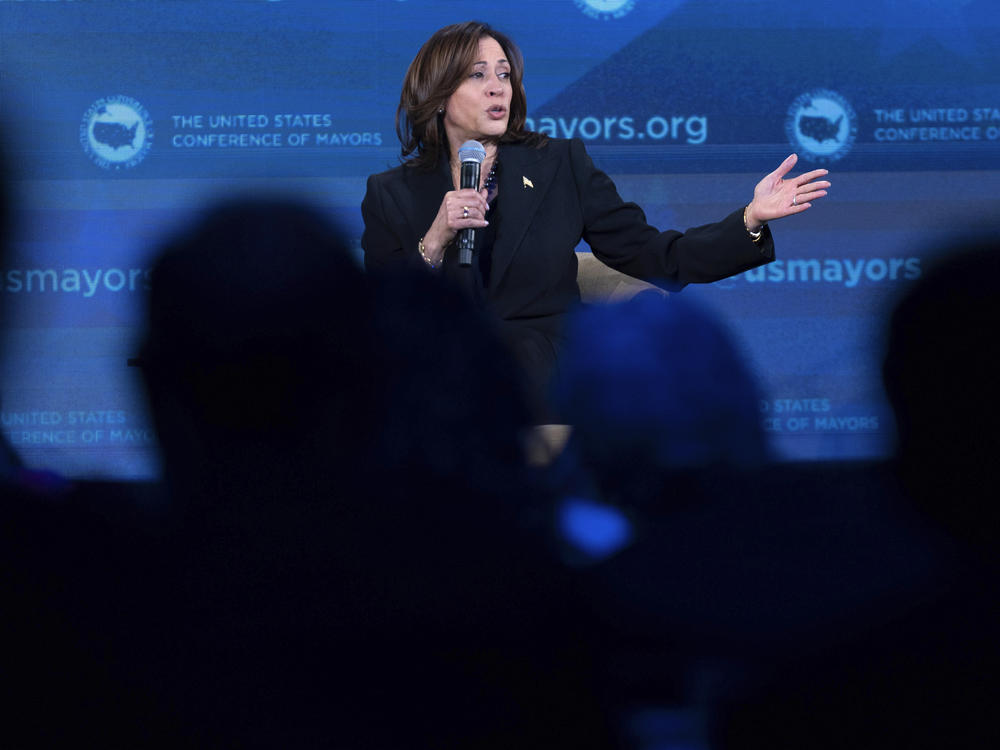 Vice President Harris speaks about gun violence during the U.S. Conference of Mayors' winter meeting in Washington on  Jan. 18, 2024.