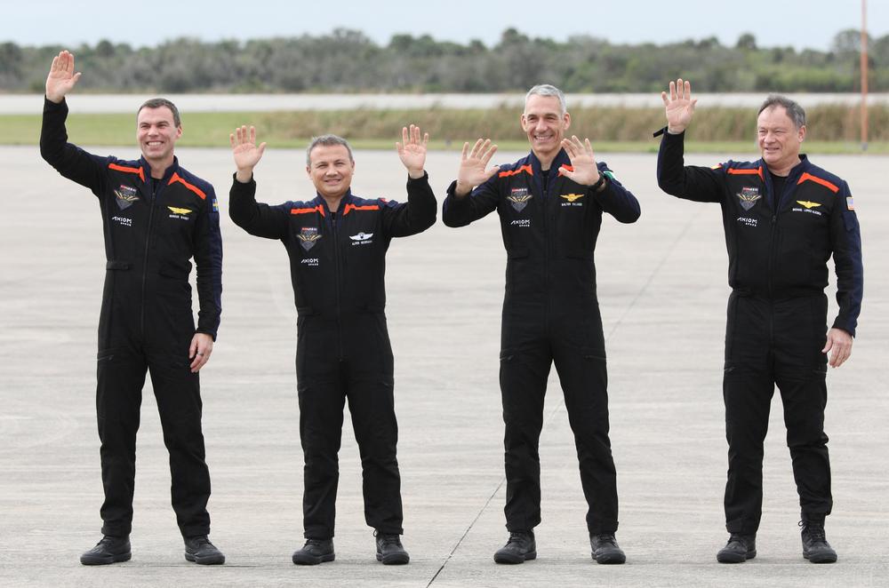 Members of the Axiom Space's Ax-3 mission (from left to right), Mission Specialist Marcus Wandt of Sweden, Mission Specialist Alper Gezeravcı of Turkey, Pilot Walter Villadei of Italy and Commander Michael López-Alegría of Spain, arrive at NASA's Kennedy Space Center in Cape Canaveral, Fla., on January 18, 2024.
