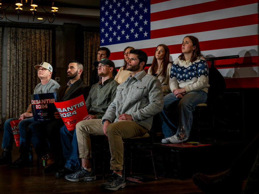 Attendees listen to Republican presidential candidate Florida Gov. Ron DeSantis speak at LaBelle Winery on Wednesday in Rockingham County, N.H.