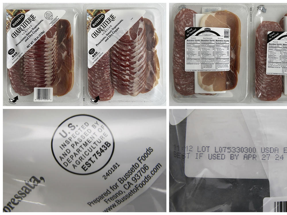This combination of photos provided by the U.S. Centers for Disease Control and Prevention on Jan. 5, 2024, shows different views of a Busseto charcuterie sampler with prosciutto, sweet sopressata and dry coppa.