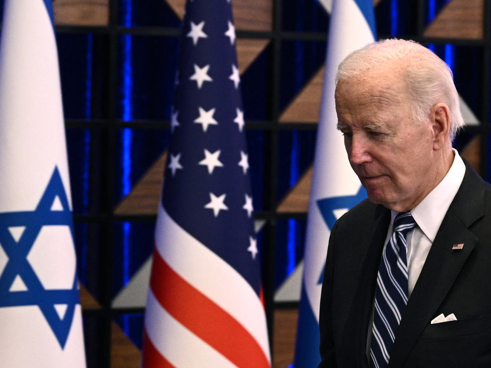 President Biden leaves the room after giving remarks at the end of a visit to Tel Aviv on Oct. 18.
