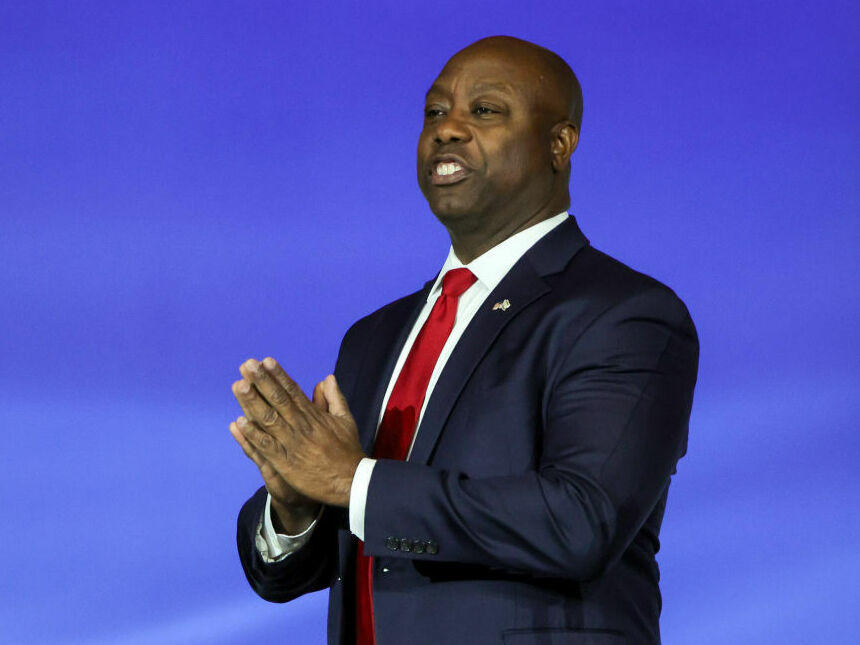 Then-Republican presidential candidate Sen. Tim Scott of South Carolina arrives at an event in Las Vegas in October 2023. Scott is planning to endorse former President Donald Trump's reelection bid.