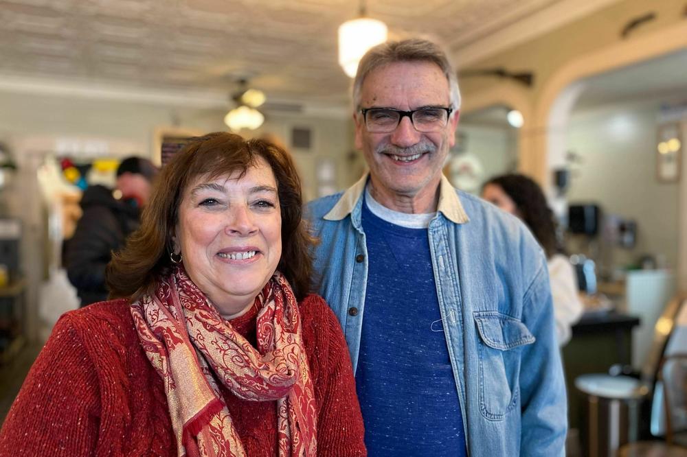 Corinne Pryor, with her husband, Jeff Pryor at Robie's Country Store in Hooksett, NH. They were there to see Nikki Haley speak alongside N.H. Gov. Chris Sununu who has endorsed Haley.