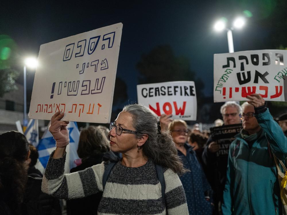 Michal Brody-Bareket attends a rally in Jerusalem on Dec. 29 calling for a cease-fire and release of the hostages held in Gaza. She is a longtime activist whose son is a soldier deployed in Gaza and founded The Mothers' Cry, a group of mothers of soldiers and other concerned Israelis calling to end the Gaza war.