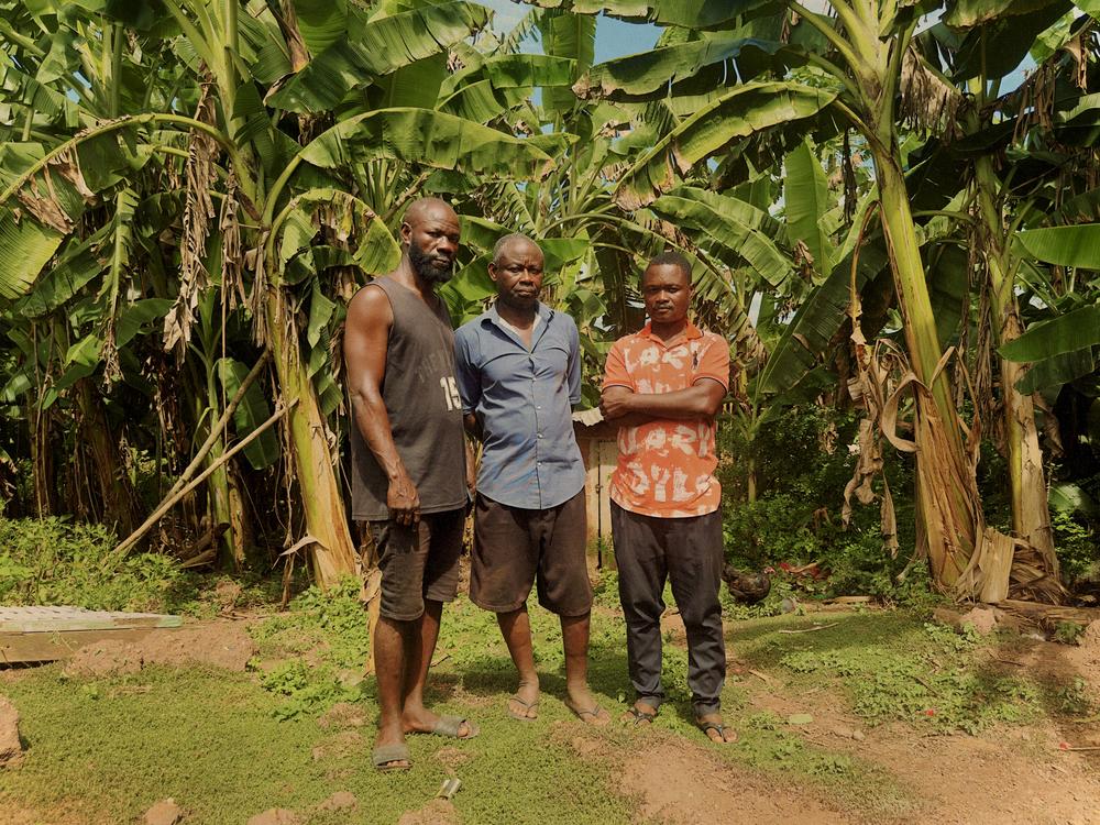 Farmers in Asebu who say their family land was taken from them by the paramount chief, and made a part of Pan-African Village, Left: Samuel Kumi, middle, Kwesi Otu-Bensil, right Daniel Kweku.