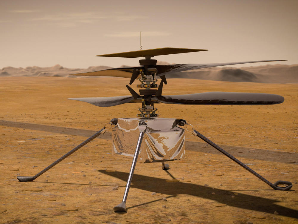 An illustration from NASA shows the Ingenuity Mars helicopter on the red planet's surface near the Perseverance rover, left.