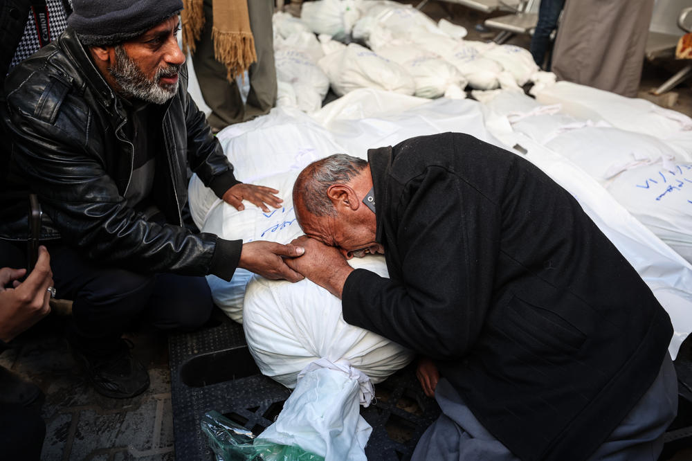 Relatives of the Palestinians who were killed bid farewell in front of the morgue of the Abu Youssef Al-Najjar Hospital after their home east of Rafah was targeted, on Jan. 18.