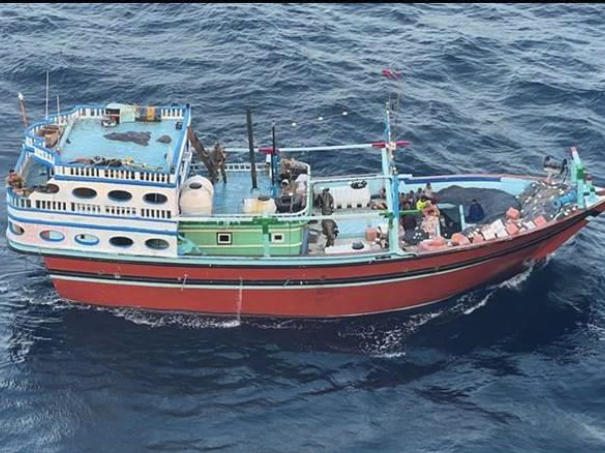 This undated photograph released by the U.S. military's Central Command shows what it described as the vessel that carried Iranian-made missile components bound for Yemen's Houthi in the Arabian Sea.