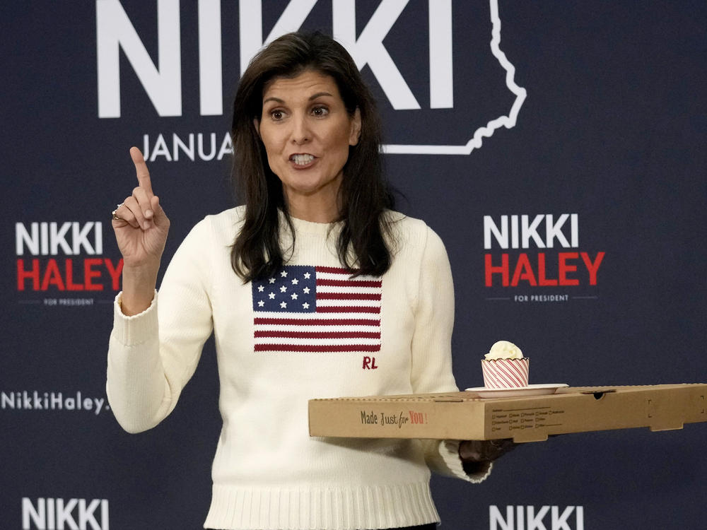 Republican presidential candidate former UN Ambassador Nikki Haley tells the audience the best birthday present they can give her is their vote on Tuesday while speaking at a Pizza and Politics event at Franklin Pierce University, Saturday, Jan. 20, 2024, in Rindge, N.H.