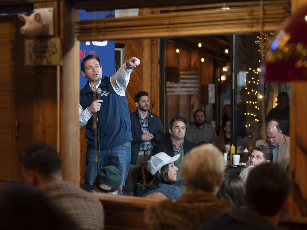 Republican presidential candidate Florida Gov. Ron DeSantis speaks during a campaign event at Hudson's Smokehouse BBQ, Saturday in Lexington, S.C.
