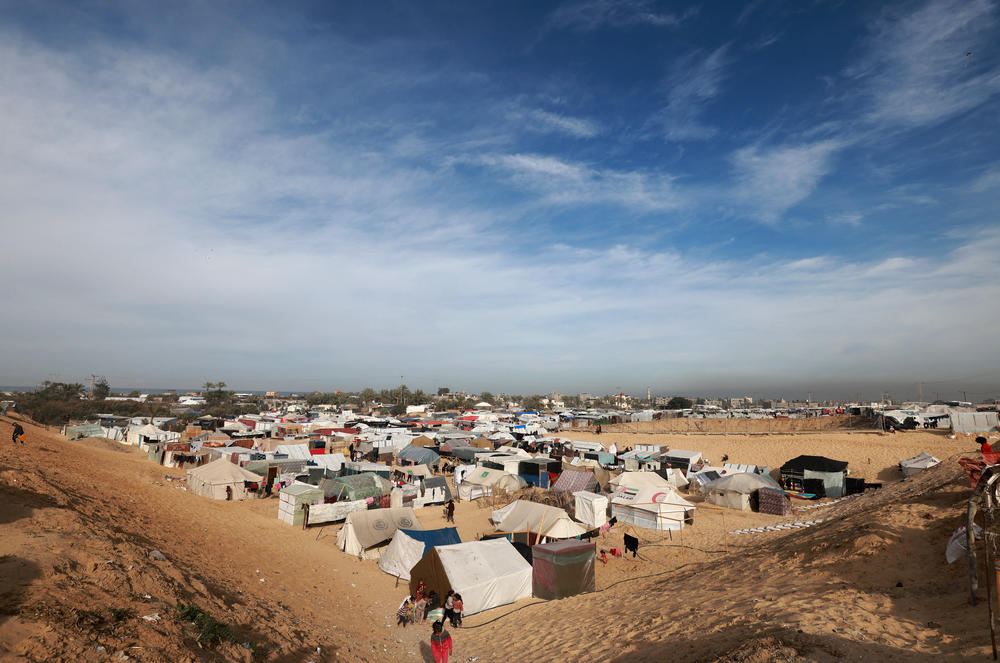 Children play at a makeshift tent camp for displaced Palestinians in Rafah near the border of Egypt in southern Gaza on Jan. 21.
