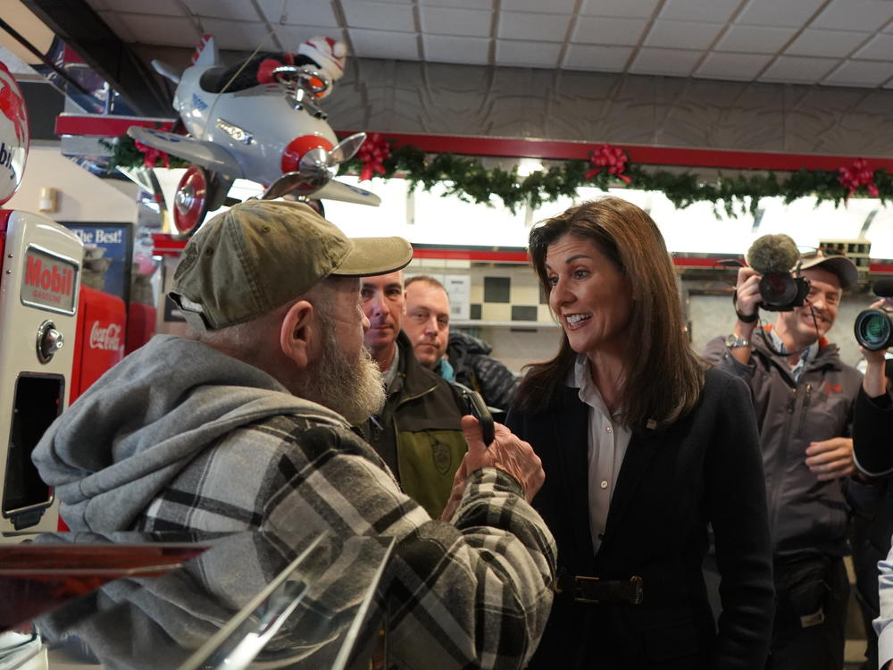 Haley speaks to a voter at a diner in Milford, N.H., on Jan. 19.