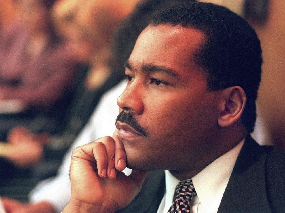 Dexter King, son of the late civil rights leader Martin Luther King Jr., listens to arguments in the State Court of Criminal Appeals in Jackson, Tenn., Friday, Aug. 29, 1997, to determine whether two Memphis judges overstepped their authority surrounding the investigation of the King assassination. The King Center in Atlanta said the 62-year-old died Monday at his California home.