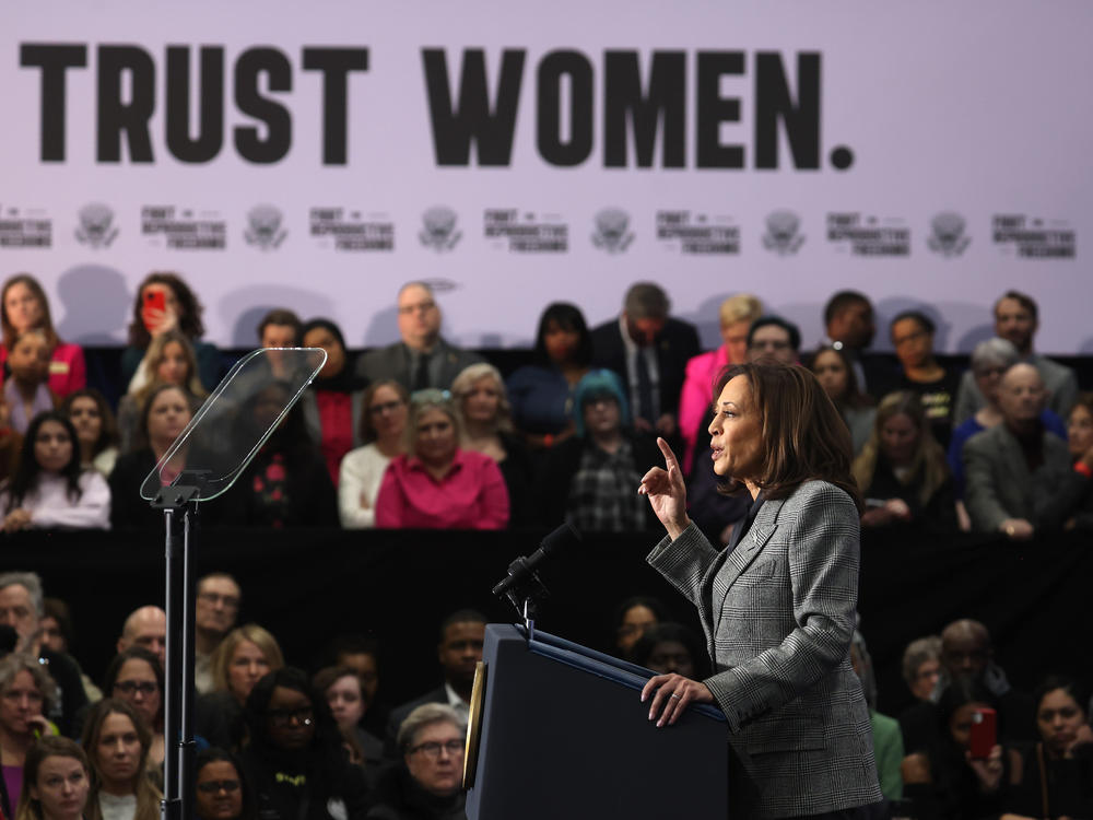 Vice President Harris speaks about reproductive rights on Jan. 22, 2024 in Big Bend, Wis.