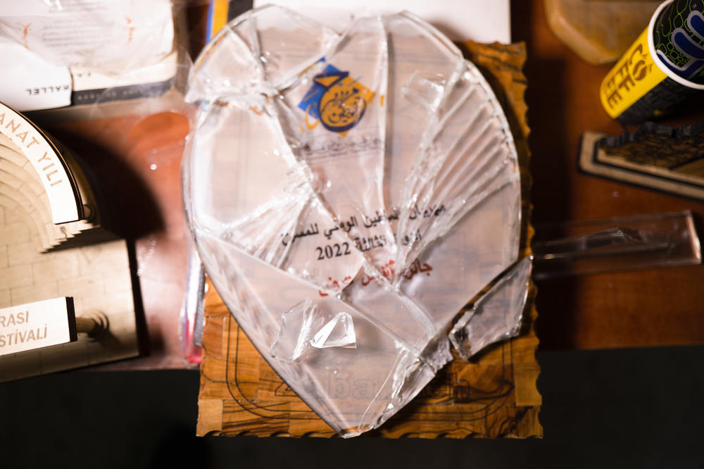 A smashed award found in the ruins of Jenin's Freedom Theatre. Staff say it was smashed by Israeli soldiers who broke into the building last month, confiscated computers and detained staff.
