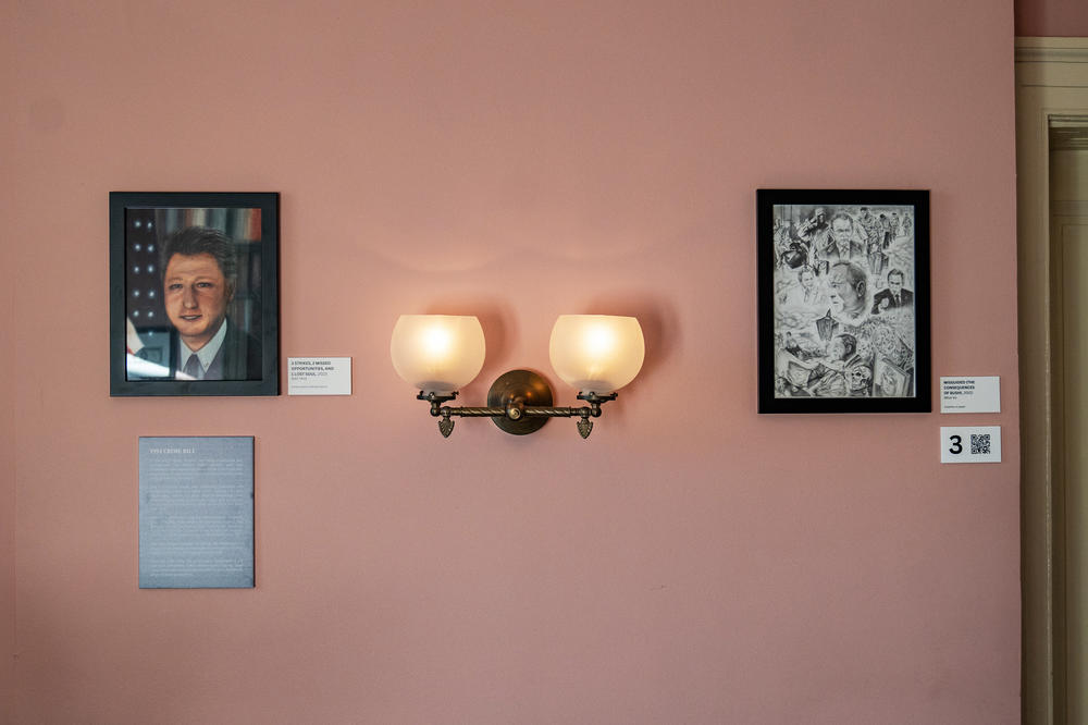 A portrait of President Bill Clinton and a collage of drawings of President George W. Bush are on display at Lincoln's Cottage.