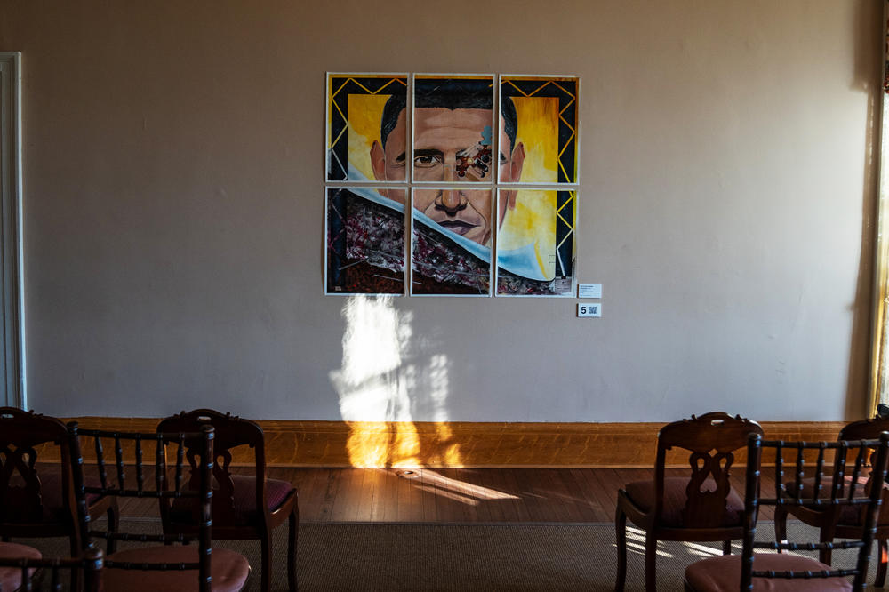 A six-panel installation by artists Yuri Kadamov, Aquilla Barnette and Lezmond Mitchell depicts President Barack Obama.