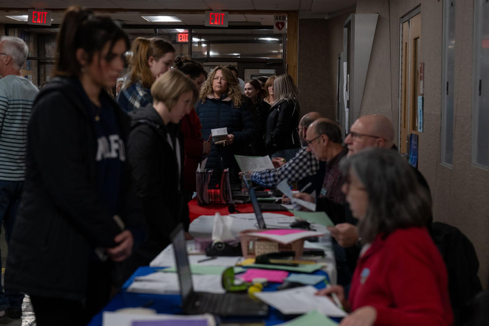 People wait in line to register to vote at Milford High School on Tuesday, Jan. 23, 2023, in Milford, N.H.
