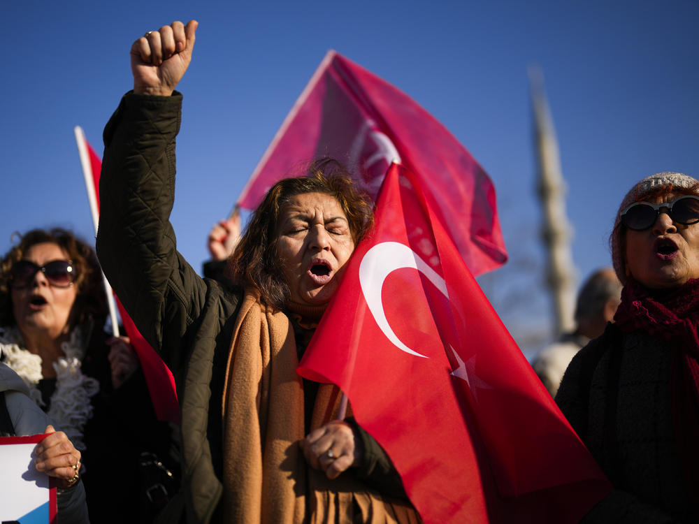 People shout slogans during a protest against Sweden's NATO membership called by Turkish Vatan, or Patriotic Party, in Istanbul on Tuesday.
