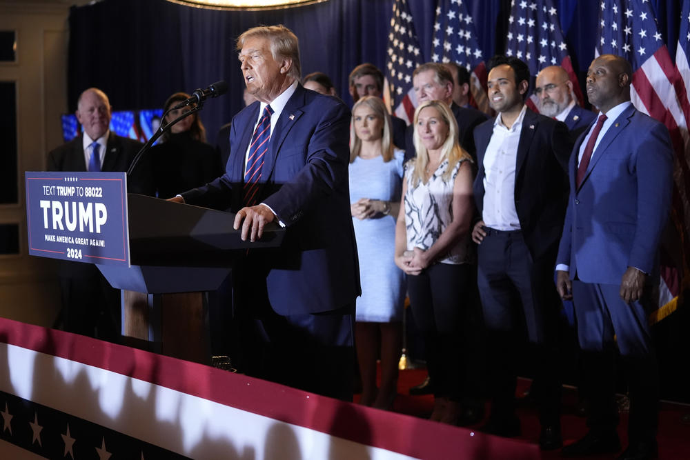 Republican presidential candidate former President Donald Trump speaks at a primary election night party in Nashua, N.H., Tuesday, Jan. 23, 2024.
