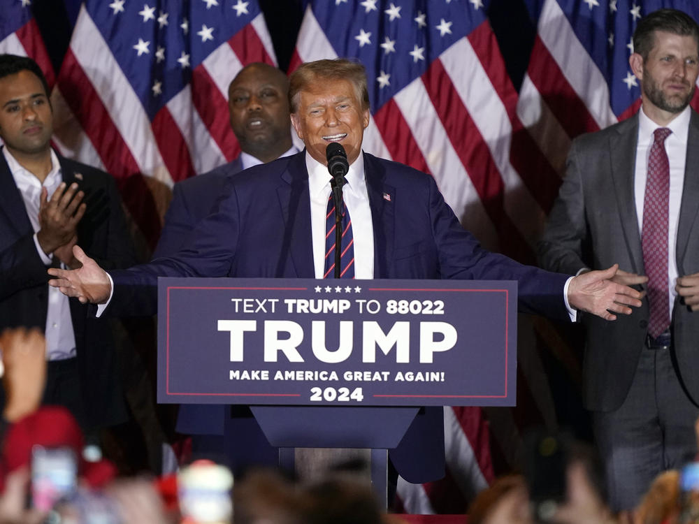 Former President Donald Trump speaks at a primary election night party Tuesday in Nashua, N.H.