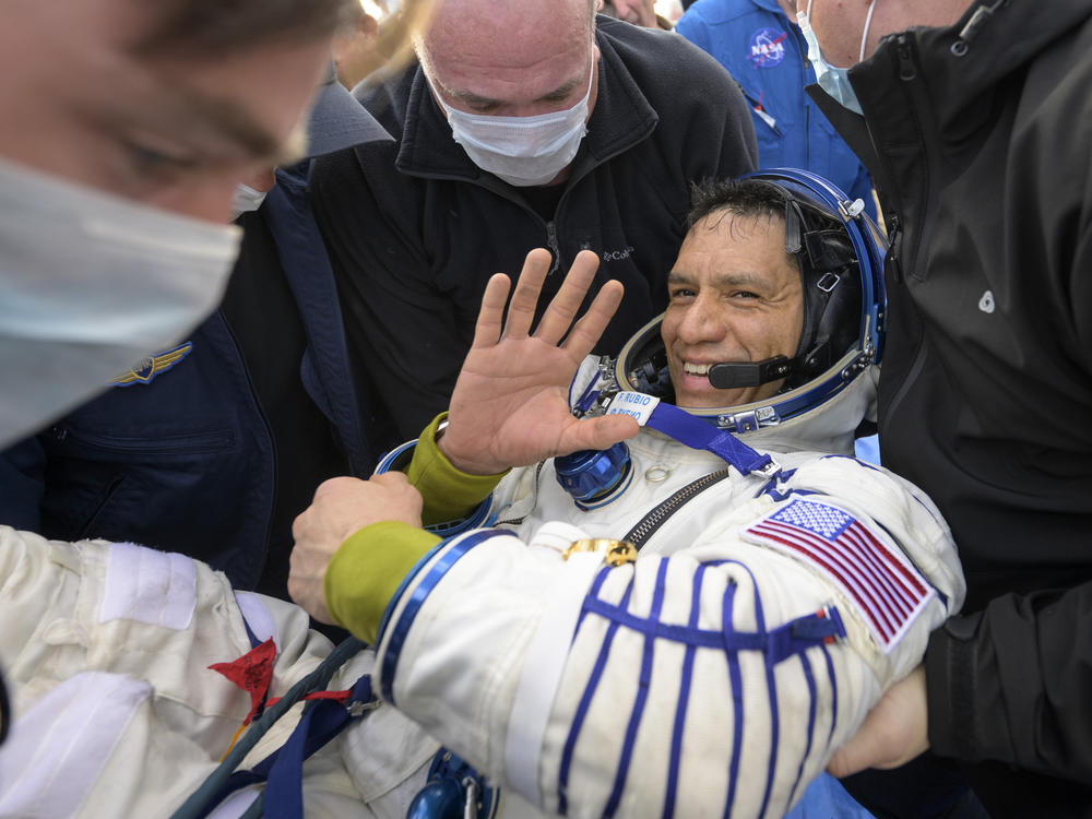 Frank Rubio is helped out of the Soyuz MS-23 spacecraft just minutes after he and cosmonauts Sergey Prokopyev and Dmitri Petelin landed in a remote area of Kazakhstan on Sept. 27, 2023.