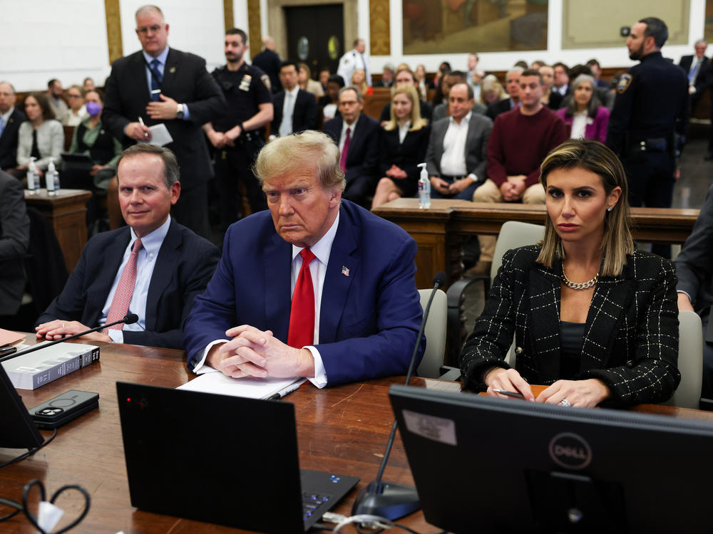Former U.S. President Donald Trump and his lawyers Christopher Kise and Alina Habba attend the closing arguments in the Trump Organization civil fraud trial on Jan. 11 in New York City.