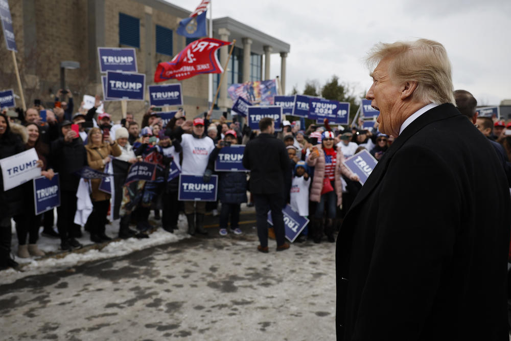 Republican presidential candidate, former U.S. President Donald Trump visits a polling site at Londonderry High School on primary day, on Jan. 23, 2024 in Londonderry, N.H.