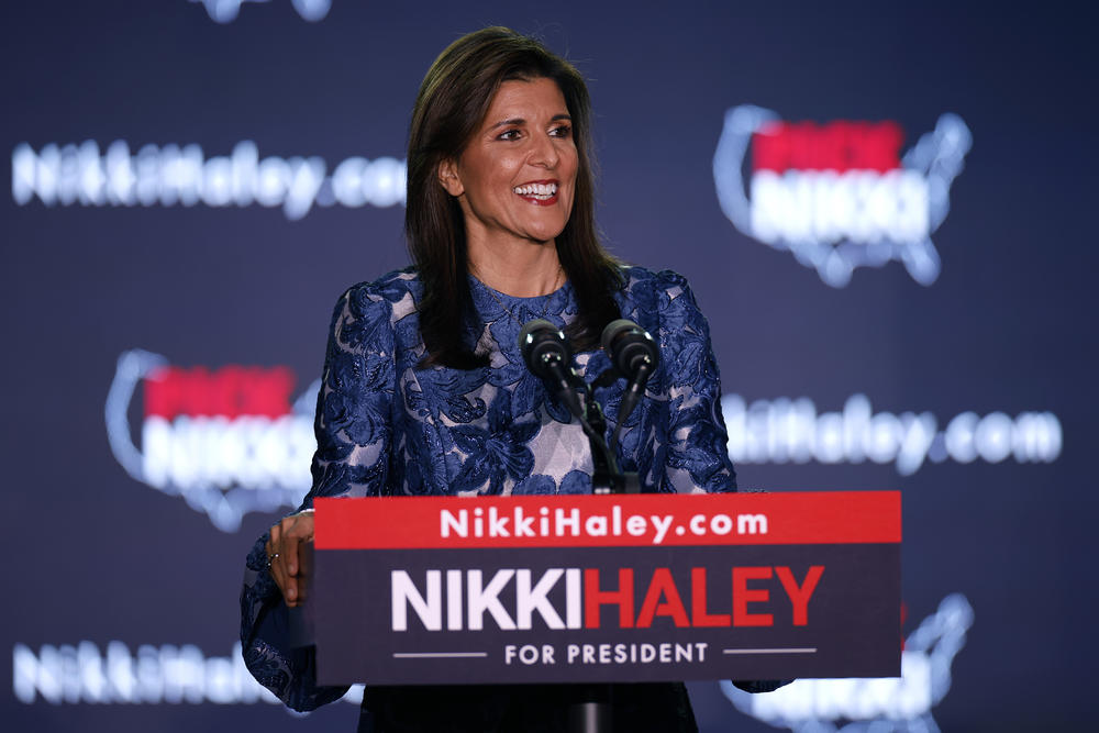 Former U.N. Ambassador Nikki Haley delivers remarks at her primary night rally at the Grappone Conference Center in Concord, N.H.