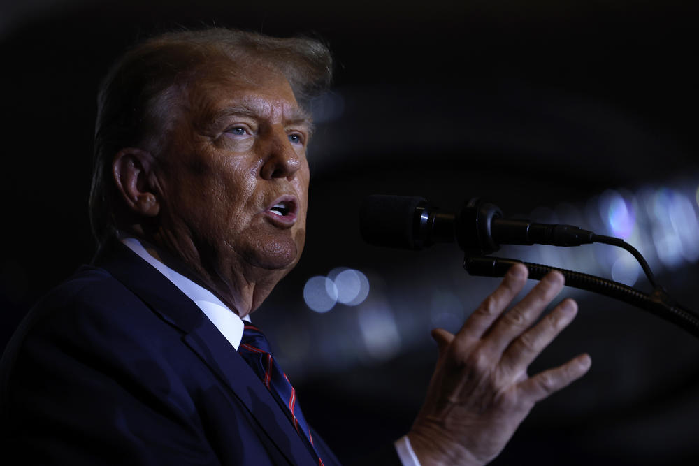 Republican presidential candidate and former U.S. president Donald Trump delivers remarks during his primary night rally at the Sheraton on Tuesday in Nashua, N.H.