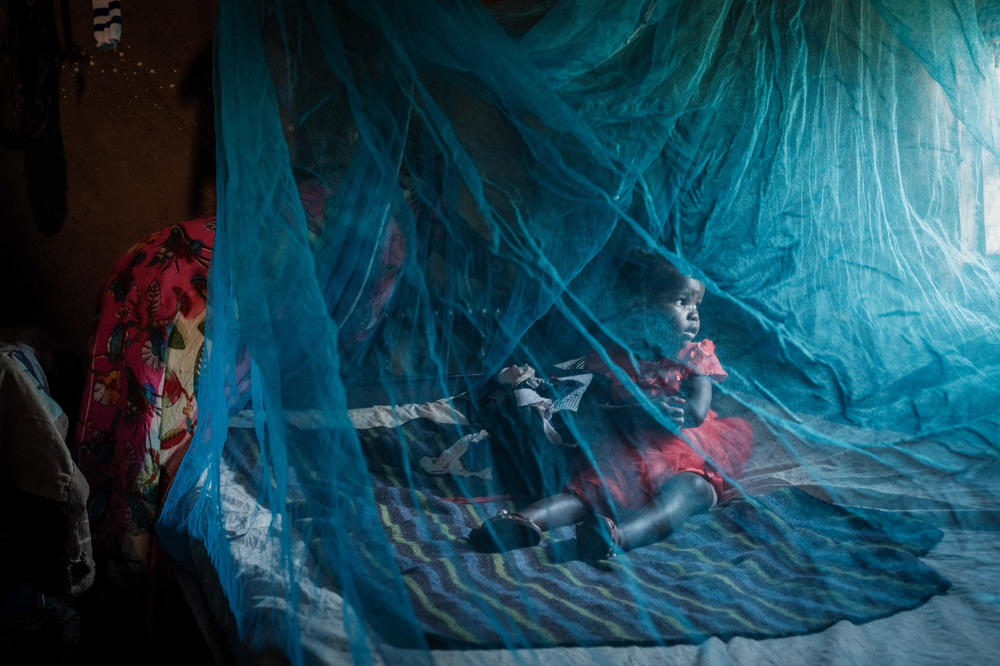 Ruth Kavere of Mukuli, Kenya, demonstrates how to use a mosquito net to ward off the malaria carriers. She's with her granddaughter Faith, 3, who has another kind of protection: The child completed doses of the world's first malaria vaccine, RTS,S in a pilot program in 2023.