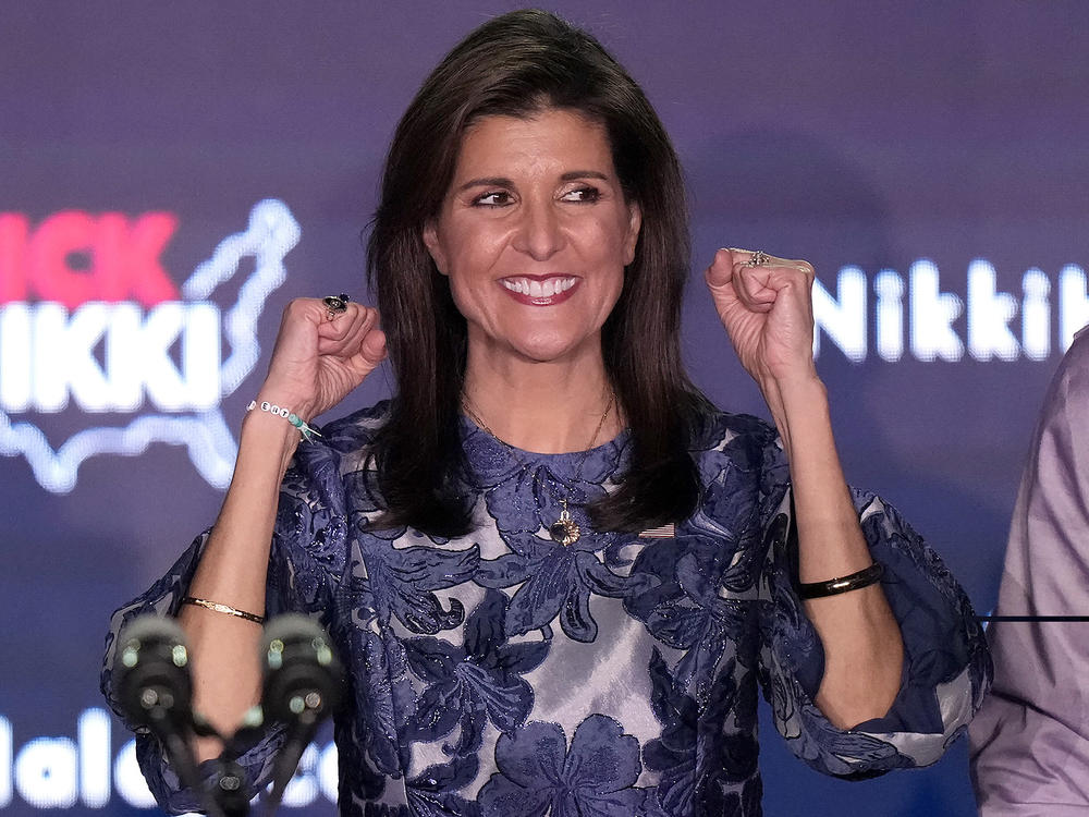 Republican presidential candidate former U.N. Ambassador Nikki Haley speaks at a New Hampshire primary night rally, in Concord, N.H., on Tuesday.