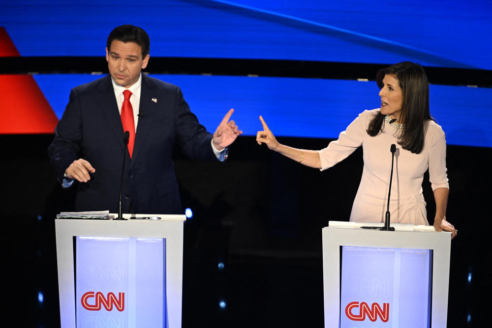 DeSantis and Haley during the fifth Republican presidential primary debate in January.
