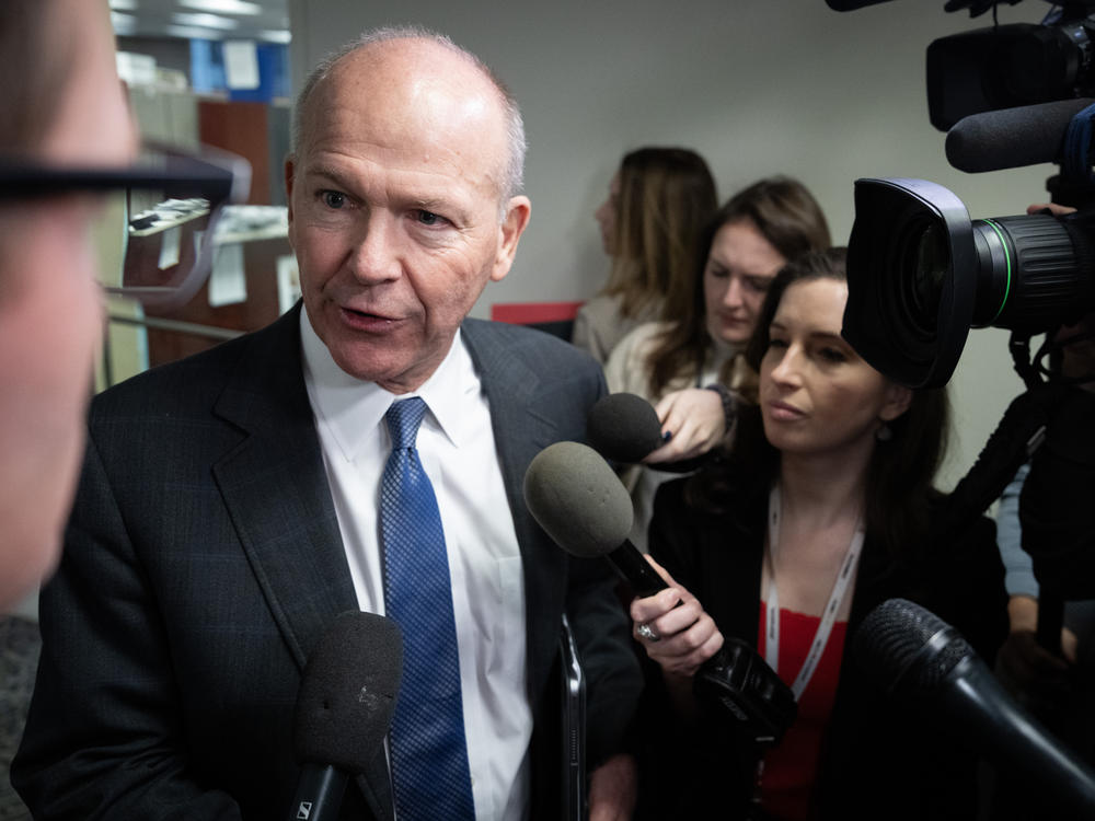 Boeing CEO Dave Calhoun speaks with reporters as he arrives at the office of Sen. Mark Warner on Capitol Hill January 24, 2024 in Washington, DC. Calhoun is meeting with senators after Boeing was forced to ground the 737 Max 9 aircraft fleet after an accident earlier this month.