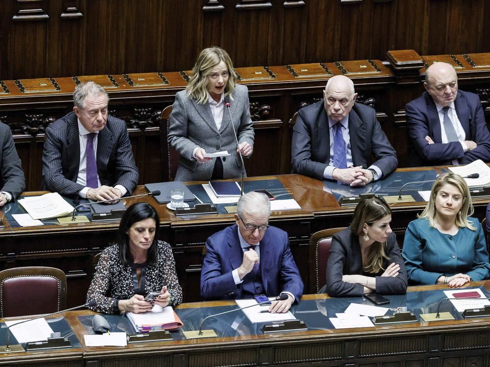 Italian Premier Giorgia Meloni, top center, addresses the Chamber of Deputies of the Italian Parliament in Rome Wednesday, Jan. 24, 2024.