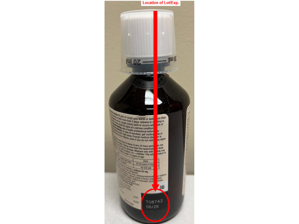 This photo provided by U.S. Food & Drug Administration shows the location of a lot number of recalled Robitussin cough syrup. The maker is recalling several lots of its medicine Thursday, due to contamination that could pose a serious risk to people with weakened immune systems.