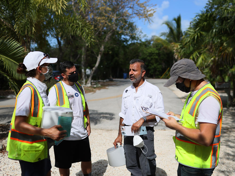 Oxitec workers canvass a neighborhood to speak about the genetically-engineered Aedes aegypti mosquitoes being released on June 09, 2021 in Marathon, Fla. Florida Keys Mosquito Control District and Oxitec began the first-ever U.S. release of genetically engineered Aedes aegypti mosquitoes to control the species that can carry dengue, Zika, and yellow fever.