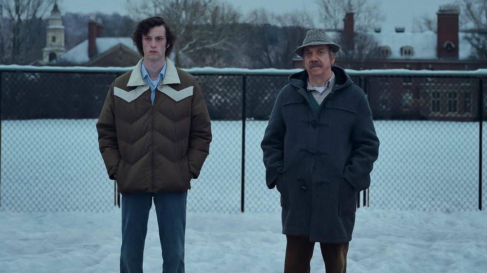 Dominic Sessa and Paul Giamatti in <em>The Holdovers.</em>