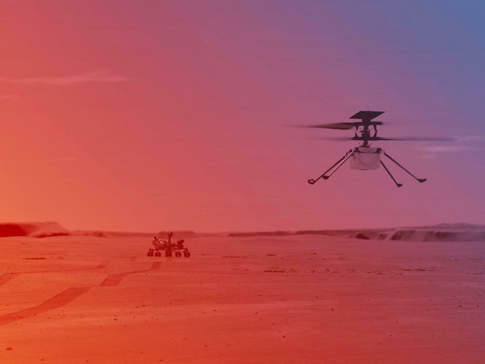 An illustration of NASA's Ingenuity helicopter flying on Mars. In April 2021, Ingenuity became the first aircraft to complete a powered, controlled flight on another planet.