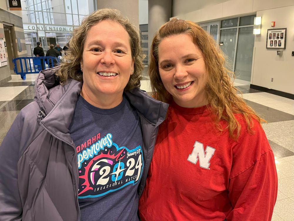 Amy Schofield (L) traveled from Lincoln, Nebraska to attend the inaugural match with her niece, Amy Pichler (R). Picher changed from her University of Nebraska shirt into a Supernovas' shirt after purchasing one inside the arena.