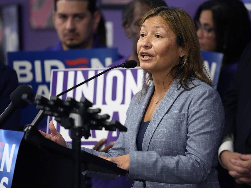 Biden's campaign manager Julie Chávez Rodriguez speaks on Nov. 7, 2023. Chávez Rodriguez was in Michigan on Friday where some Arab American leaders declined to meet her because of the Gaza conflict.