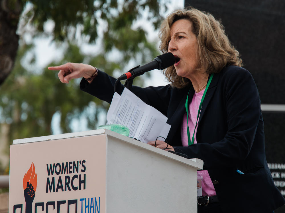 Kirsten Engel, an Arizona Democrat running for U.S. House, speaks during a Women's March rally in Phoenix on Jan. 20.