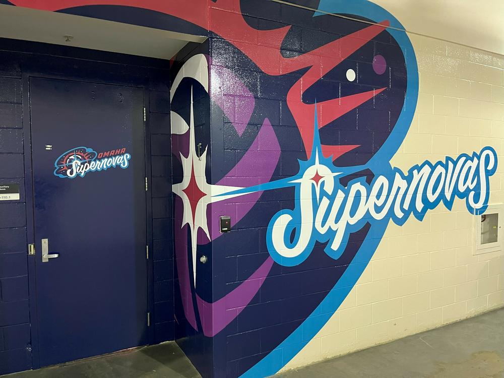The wall painting outside the Omaha Supernovas' locker room sports the franchise's team colors in the Pro Volleyball Federation.