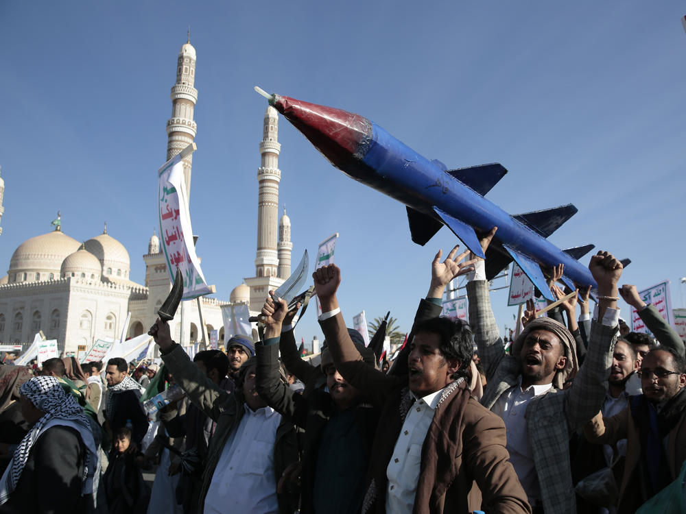 Houthi supporters attend a rally in support of the Palestinians in the Gaza Strip and against the U.S.-led airstrikes on Yemen, in Sanaa, Yemen, Friday, Jan. 26, 2024.